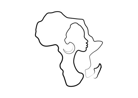 Black African Woman in line art style, continuous line drawing of Afro woman and African continent map. Vector linework tattoo icon logo isolated on white background Tattoo Of African Woman, Line Art Afro Woman, African Culture Tattoo Ideas, Africa Small Tattoo, Minimalist Africa Tattoo, Small African Tattoo For Women, Africa Line Art, Black Woman Art Tattoo, African Continent Art