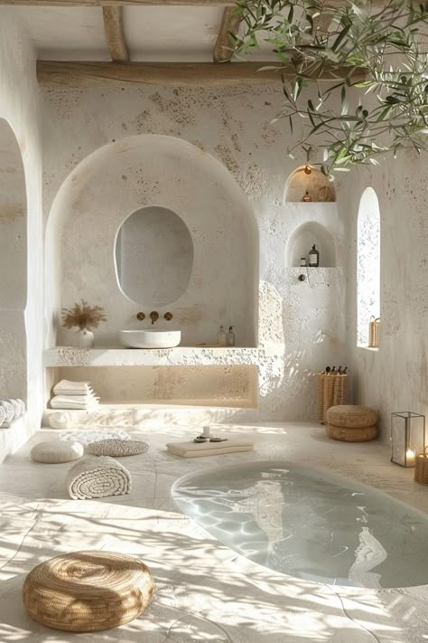 Luxury Bath Design Modern, Desert Bathroom Ideas, Bathroom Design With Jacuzzi, Modern Beach Bathroom, Modern Mediterranean Bathroom, Dream Bathrooms Rustic, Mediterranean Bathrooms, Roman Bathroom, Dream Bathroom Luxury