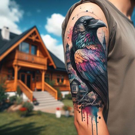 Raven Tarot Tattoo, Valkyrie And Raven Tattoo, Colorful Raven Tattoo, Witchy Raven Tattoo, Crow Sleeve Tattoo, Raven Sleeve Tattoo, Raven And Wolf Tattoo, Raven Tattoo Feminine, Bae Tattoo