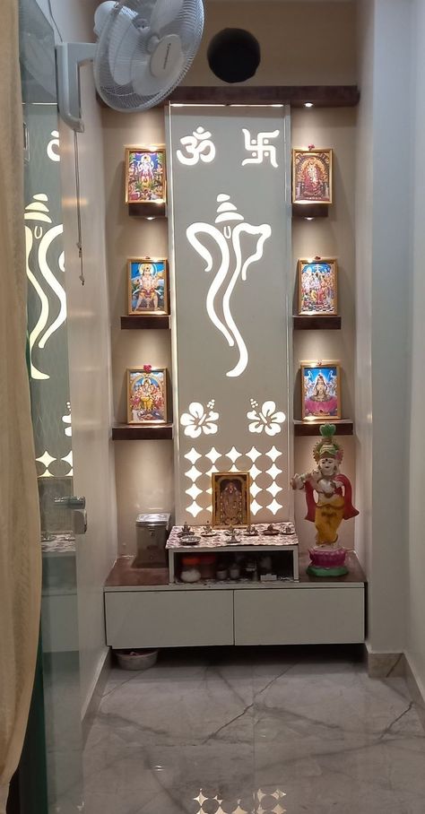 Pooja mandir design in Hyderabad #pooja Devotional Room Designs, Glass Mandir Design Puja Room, Tample Degin For Home, Home Puja Room Design, Home Temple Ideas Puja Room Small Modern, Puja Room Design Indian Traditional, Small Puja Room, Small Puja Room Ideas, Modern Pooja Unit