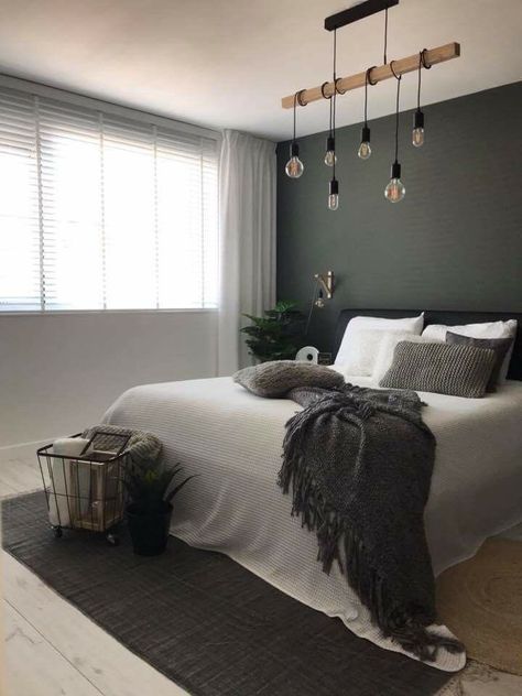 Dark Grey And Light Grey Bedroom, Bedroom With One Dark Wall, Scandinavian Interior Bedroom Minimalism, Dark Carpet Bedroom Ideas, Dark Theme Bedroom Ideas, Room With Grey Carpet, Charcoal Carpet Bedroom, Dark Wall Bedroom Ideas, Bedroom Ideas Grey Carpet