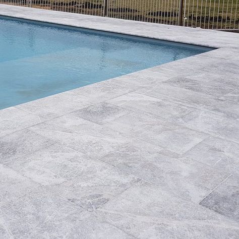 Grey Pool Pavers, Grey Pool Coping, Travertine Pool Decking, Pool Coping Tiles, Stone Pool Coping, Pool Surrounds, Pool Paving, Pool Decking, Pool Pavers