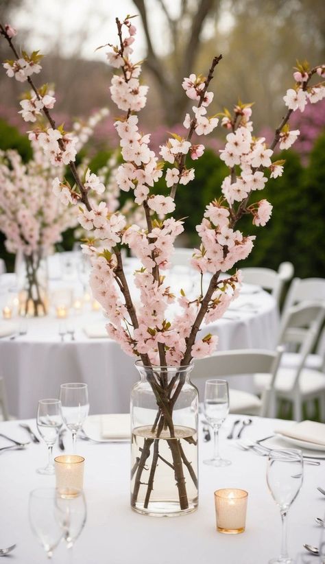 Cherry blossom centerpieces bring elegance and romance to spring weddings. I recommend using delicate pink blooms to create a stunning focal point for guest tables. Cherry Blossoms Centerpieces, Cherry Blossom Theme Decor, Wedding Centerpieces Aesthetic, Sakura Centerpiece, Cherry Blossom Table Setting, Wedding Aesthetic Spring, Cherry Blossom Table Decor, Cherry Blossom Centerpieces, Cherry Blossom Centerpiece Ideas