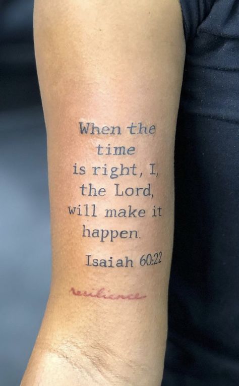 Isaiah 60:22 Tattoo Ideas, Bible Scripture Tattoos Black Woman, Isaiah 54 17 Tattoo, Scripture Tattoos Black Women, Isaiah 60 22 Tattoo, Inner Arm Tattoos For Women Bicep, Save Me Tattoo, Godly Tattoos, Tattoo Never Give Up