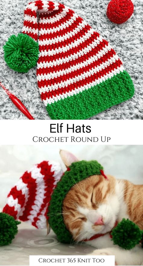 Looking for a fun and festive thing to wear to that holiday work party? These crochet elf hats are sure to impress! #crochet #crochethat #crochethatpattern #crochet365knittoo #crochetelfhat #crochetelfhatpattern #christmascrochet #crochetchristmas #crochetchristmashat Crochet Elf Beanie Pattern Free, Santa Hat For Cats Crochet, Crochet Cat Santa Hat Free Pattern, Hats For Cats Crochet Pattern, Crochet Dog Santa Hat Free Pattern, Cat Hat Crochet Pattern Free, Crochet Xmas Hats, Crochet Elf Hat Pattern, Winter Crochet Projects