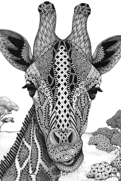 Giraffe. Domestic and Wild Zentangle Animal Portraits. By Kristin Moger. Animals Inspiration, Zantangle Art, Giraffe Coloring Pages, Zentangle Animals, Animal Outline, Zentangle Artwork, Giraffe Art, Mandalas Painting, Zentangle Designs