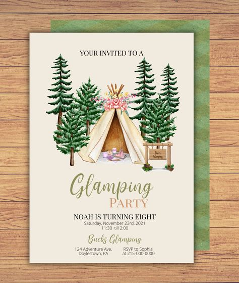 Glamping Birthday Party, Glamping Sleepover Party, Sleepover Party, Sleepover Invite, Glamping Invite https://etsy.me/3ZCu5Yb #glampinginvite #campingparty #glampingparty #glampingbirthday #glampinginvitations #campinginvitations #campinginvite #birthdayparty #sleepove Glamping Sleepover Party, Sleepover Invite, Boho Glamping, Glamping Invitation, Camping Birthday Party Invitations, Boho Camping, Glamping Birthday Party, Glamping Birthday, Evite Invitations