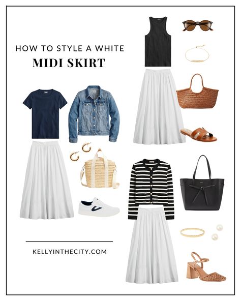 How to Style a White Midi Skirt White Midi Skirt Outfit Summer, Tiered Midi Skirt Outfit, Midi Skirt Outfit Summer, White Midi Skirt Outfit, Sweater Over A Dress, Flare Skirt Outfit, Linen Skirt Outfit, Midi Skirt Outfits Summer, A Line Skirt Outfits