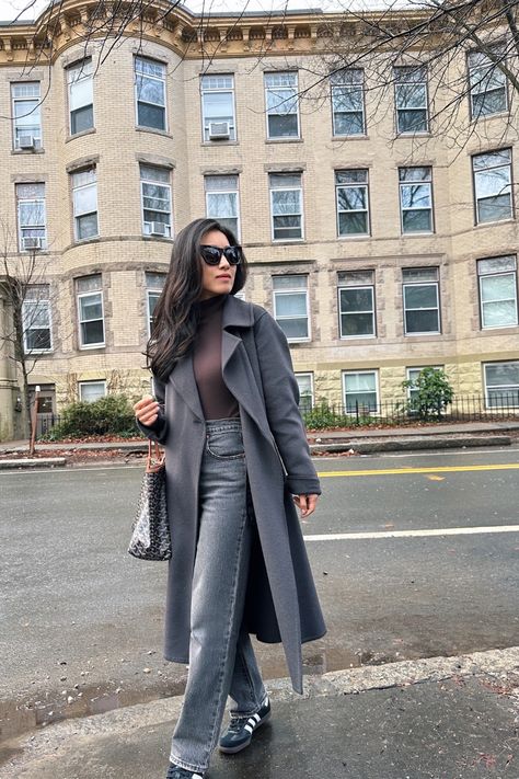 Easy neutral winter outfit Workwear Ideas, Levi Wedgie Straight Jeans, Aritzia Coat, Neutral Winter Outfit, 2023 Clothes, Samba Og Shoes, Mango Coats, Long Grey Coat, Extra Petite