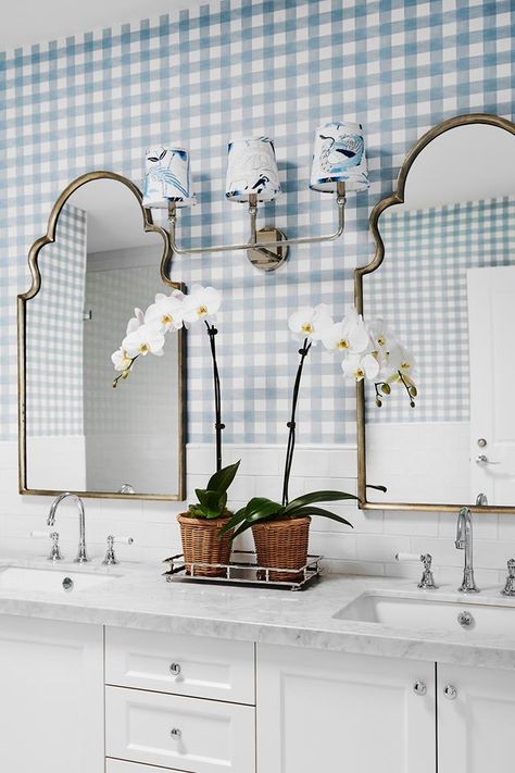 A stunning blue and white rebuild post-flood on the Mornington Peninsula | Home Beautiful Ensuite Design, Provincial Home, Monday Inspiration, Custom Chair, Bay House, Gorgeous Bathroom, Interior Renovation, Fabric Houses, Bathroom Wallpaper