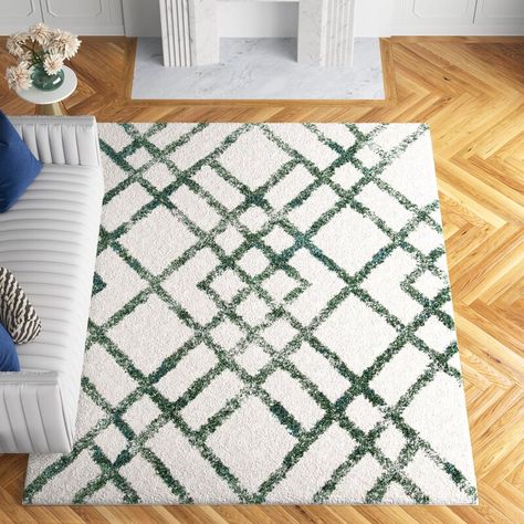 Etta Avenue™ Karter Geometric Area Rug in Ivory/Green & Reviews | Wayfair Graces Room, Bedroom Redecorating, Diamond Trellis, Green Couch, Green Area Rug, Trellis Pattern, Green Carpet, Living Room Green, Cream Rug