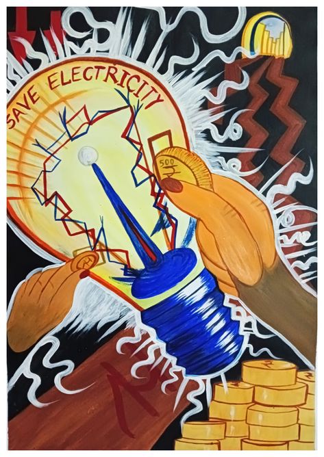 Acrylic painting Poster On Save Electricity, Save Electricity Poster, Electricity Poster, Social Studies Projects, Poster Color Painting, Cute Disney Pictures, Save Electricity, Poster Drawing, Poster Colour