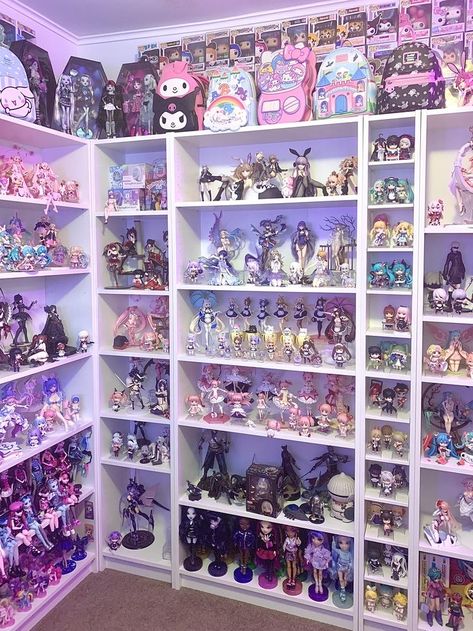 ₊˚ෆ Follow me for more 𐙚 visit my boards ₊˚ෆ Anime Figure Organization, Kurumi Room, Room Ideas Kuromi, Pastel Goth Room Aesthetic, Kuromi Themed Room, Collectable Display Ideas, Anime Collection Room, Cute Anime Room, Cosplay Room