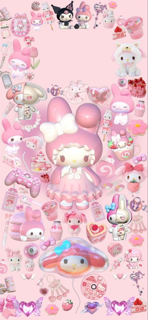 Cute Wallpapers 3d Pink, My Melody Collage Wallpaper, Iphone Wallpaper My Melody, 3d Kawaii Wallpaper, Mymelody Background, Sanrio Lockscreen Aesthetic, Pink Kawaii Lockscreen, Sanrio Y2k Wallpaper, Kawaii Wallpaper Aesthetic Pink