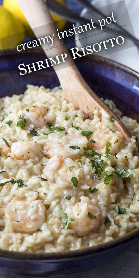 The instant pot makes this pressure cooker shrimp risotto a snap to make! Juicy shrimp, creamy rice, plenty of lemon, and fresh parmesan come together for a simple family meal. | justalittlebitofbacon.com #italianrecipes #instantpot #pressurecooker #risotto #easydinner Pressure Cooker Shrimp Risotto, Instant Pot Shrimp Risotto Recipes, Seafood Risotto Recipes, Classic Dinners, Filet Mignon Chorizo, Shrimp Risotto, Seafood Risotto, Juicy Shrimp, Multi Cooker