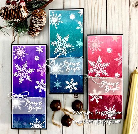 Snowflake Cards Handmade, Slimline Card Ideas Christmas, Slimline Christmas Cards, Slimline Card Ideas, Mini Slimline Christmas Card Ideas, Cricut Christmas Cards Snowflake, Snowflake Sentiments Stampin Up Cards, Stampin Up Snowflake Sentiments, Swirly Snowflakes Thinlits Cards