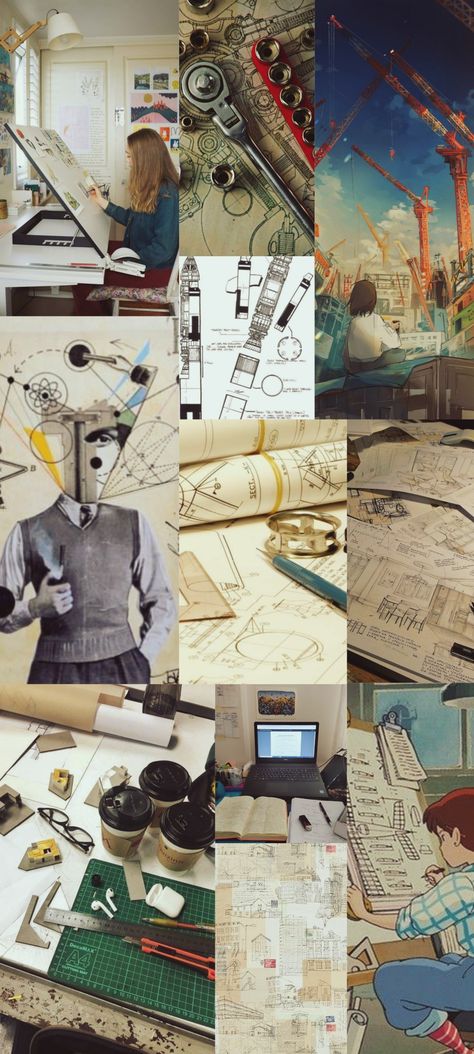 A collage of 11 pictures with a yellow rustic filter. (1) girl sketching on a cool board with incline (2)(3)(4)a sketch with tools on top (5)(6)gilhbi style drawings of cool futuristic world and a girl sketching in her room (7)(8) random sketches of buildings and constructions (9) rocket sketches (10) a desk with notes, books and a laptop (11) a person with light academia outfit with mathematical, physics and cool symbols. Data Scientists Aesthetic, Soft Ware Engineer Aesthetic, Engineer Women Aesthetic, Mechanical Engineering Women, Industrial Design Student Aesthetic, Women In Civil Engineering, Engineering Woman Aesthetic, Successful Engineer Aesthetic, Mechanical Engineer Woman