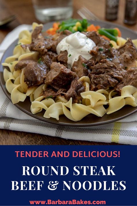 Classic comfort food this Round Steak Beef and Noodles recipe is similar to beef bourguignon but easier to make. It’s a family favorite that my family is always happy to see on the table. #BarbaraBakes #beefandnoodles #bestbeefdinners Beef Round Steak Recipes, Bottom Round Steak Recipes, Easy Beef And Noodles Recipe, Beef Bottom Round Steak, Top Round Steak Recipes, Beef Top Round Steak, Beef And Noodles Recipe, Beef Round Steak, Round Steak Recipes