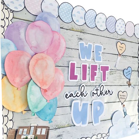 We Lift Each Other Up bulletin Board School Counselor White Board Ideas, Motivating Bulletin Boards, Linked Together By Kindness And Love Bulletin Board, Kindness Wall Ideas, Sel Board Ideas, Kudos Bulletin Board Ideas, Fun School Bulletin Boards, Cute Bulliten Boards For School, Balloon Bulletin Board Ideas