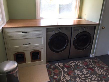 Washer/Dryer Cabinet with Litter Box Built-in Laundry Litter Box Ideas, Small Laundry Room With Cat Litter, Cat Box In Laundry Room Ideas, Cat Litter Box Ideas Hidden Hallway, Laundry Rooms With Cat Litter Boxes, Hidden Cat Litter Box In Laundry Room, Cat Litter Mudroom, Small Laundry Room Ideas With Cat Litter, Cat Box Laundry Room Ideas