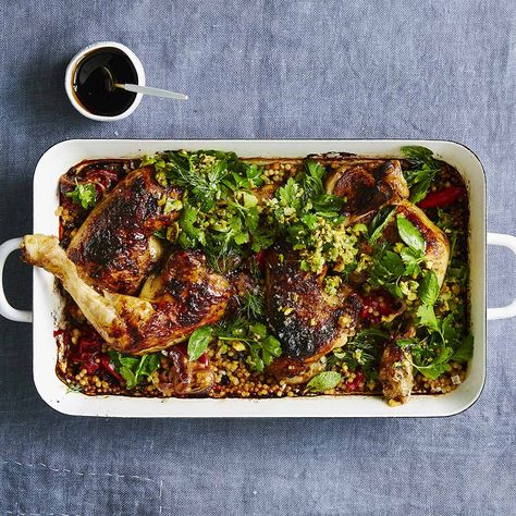 Persian-style chicken tray bake with  pearl couscous Easy Baked Chicken Recipes, Couscous Chicken, Best Baked Chicken, Chicken Tray Bake, Xmas Recipes, Pearl Couscous, Baked Chicken Recipes Easy, Tray Bake, Baked Dinner