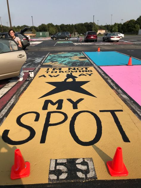 Senior Disney Parking Spots, Senior Parking Spaces Theatre, Spiderman Senior Parking Spot, Hamilton Parking Spot, Senior Parking Space Ideas Music, Senior Parking Space Ideas Harry Styles, Senior Parking Painting Ideas, Disney Parking Spots, Parking Spot Painting Disney