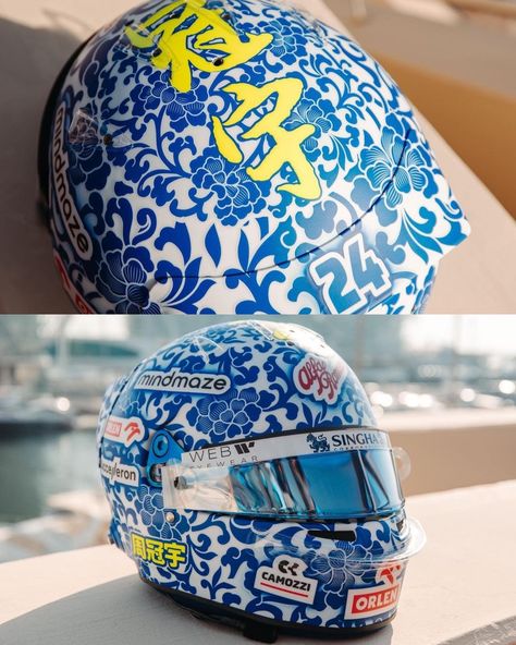 Cool F1 Helmets, Race Helmet Design, Pastel Motorcycle, F1 Helmet Design, Racing Helmet Design, Cool Helmets, F1 Helmet, Zhou Guanyu, Cool Bike Helmets