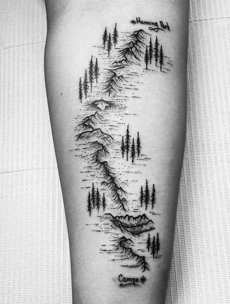 trees and trails Trail Tattoo Ideas, Path Tattoo, Hiking Appalachian Trail, Mountain Sleeve Tattoo, Trail Tattoo, Appalachian Trail Georgia, Tennessee Tattoo, Utah Hiking Trails, Appalachian Trail Gear