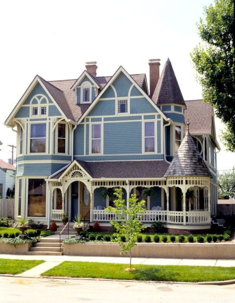 exterior-blue-white-victorian-style-house-c998609d Blue Victorian House Exterior, Victorian House Exterior, Blue Victorian House, Colonial Remodel, Victorian Homes Exterior, Manifesting Board, Interesting Houses, Victorian Porch, House Mansion