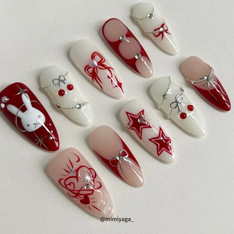 custom set. red miffy🐰 ib：@oaklestudio #nail #nails #pressonnails #pressons #nailextensions #stickonnails #y2knails #y2k #starnails #y2kaesthetic #y2kfashion #nailart #naildesign #naildesigns #miffy inspo Fake Nails Designs, Grunge Nails, Blush Nails, Y2k Nails, Pretty Gel Nails, Really Cute Nails, Soft Nails, Kawaii Nails, Minimalist Nails