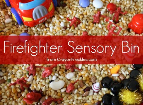 firefighter sensory bin with material list from CrayonFreckles.com Prek Sensory, Fire Safety Crafts, Fire Safety Unit, Storytime Activities, Fire Safety Theme, Fire Safety Activities, Fire Safety Preschool, Sensory Tables, Safety Crafts