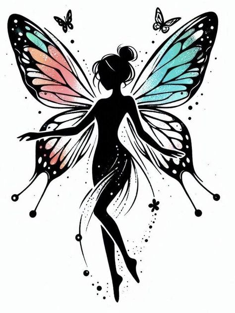 Butterfly Fairy Wings Drawing, Fairy Cat Tattoo Drawing, Butterfly Fairy Tattoo Designs, Free Printable Fairy Silhouette Clip Art, Trippy Fairy Drawing, Zen Doodle Art, Zen Doodle, Doodle Art, Zen