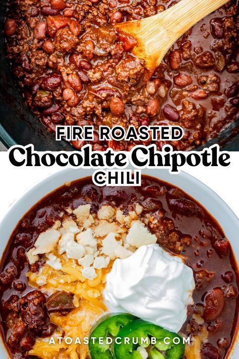 Smoky, spicy, and a little sweet—this fire-roasted chocolate chipotle chili is comfort with a kick. 🌶️🍫🔥 Chipotle Chilli Recipes, Chili With Chocolate, Chipotle Chili Recipe, Chocolate Chili, Chipotle Chili, Chilli Recipes, Beef Chili, Cozy Meals, Chipotle Pepper