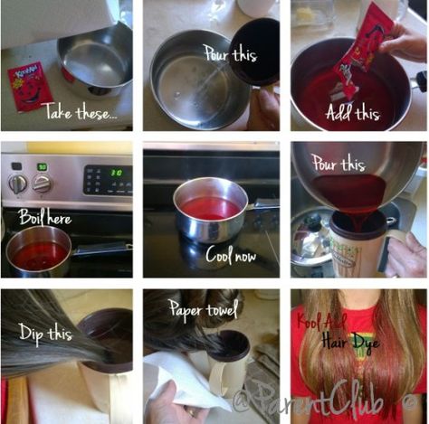 How to kool aid dye hair Dye Hair With Koolaid, Hair Tips Dyed, Hair Color Tips, How To Dye Hair, Kool Aid Hair Dye, Kool Aid Dye, Kool Aid Hair, Craft Activity For Kids, Dyed Hair Care