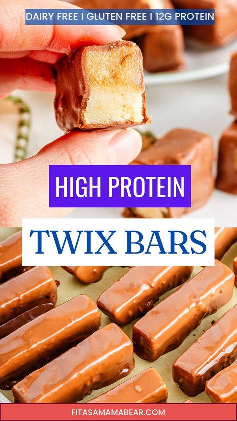 Two images of Chocolate coated Twix protein bars with one broken in half and the other of the bars on a baking sheet and text between the images. Twix Bars Recipe, Healthy Twix Bars, Homemade Twix Bars, Twix Bars, Chewy Caramel, Healthy Treats Recipes, Caramel Shortbread, Twix Bar, Protein Bar Recipes