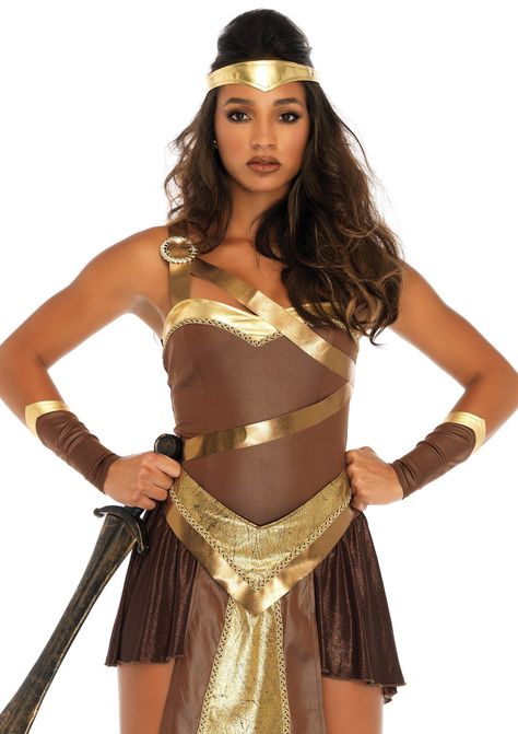 Planning on being a Spartan warrior? Boy, do we have the costume for you! This costume includes a bodysuit with an attached body harness and a high/low skirt, a panel belt, arm cuffs, and a matching headband. Wig and weapons can be found at the Stagecoach! Spartan Costume, Gladiator Costume, Wonder Woman Accessories, Gladiator Costumes, Long Platinum Blonde, Gold Bodysuit, Warrior Costume, Strapless Bodysuit, Goddess Costume