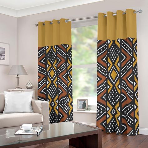 New African Grommet Window Curtain Bogolan Print (Two-Piece) African Curtains Living Rooms, African Interior Design Living Rooms, African Curtains, African Themed Living Room, African Interior Design, Curtains Decor, Designer Bed Sheets, African Interior, Living Room Curtains