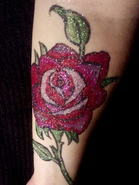 rose freehand glitter tattoo Glitter Rose Tattoo, Glitter Tattoos Real, Rose Tattoo Ideas, Dream Birthday, Cute Hand Tattoos, Henna Ideas, Belly Painting, Glitter Tattoo, Glitter Roses