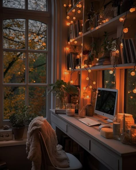 Cozy Office Lighting, Desk Fairy Lights, Cozy Office Aesthetic, Hygge Home Office, Cozy Study Room, Cozy Study Space, Cozy Home Office Ideas, Cozy Reading Chair, Space Saving Hacks