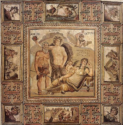 Roman Mosaic Depicting Dionysus’ Discovery of Ariadne in Naxos, 3rd-4th century CE Opus Vermiculatum, Roman Mosaic Art, Miho Museum, Roman Artifacts, Ancient Roman Art, Classical Mythology, Roman Mosaic, Modern Mosaics, Roman History