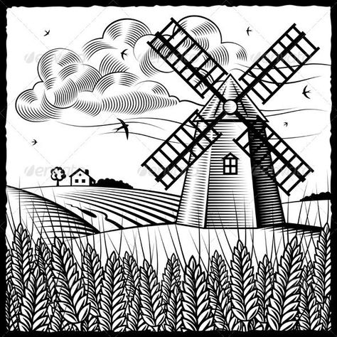 Retro landscape with windmill in woodcut style. Black and white vector illustration with clipping mask. Windmill Drawing, Windmill Tattoo, Energy Tattoo, Windmills Photography, Retro Landscape, Windmill Art, Windmill Wall Decor, Windmill Decor, Black And White Vector