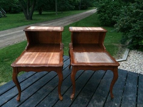 Faye from Farm Life Best Life gave these two-tier tables a major upgrade with Cheesecake, Antiquing Wax, and Natural! When I came across this pair of… Old End Tables, Mid Century Side Table, End Table Makeover, Side Table Makeover, Coffee Table Makeover, Antique Wax, Dyi Projects, Table Makeover, Painted Table