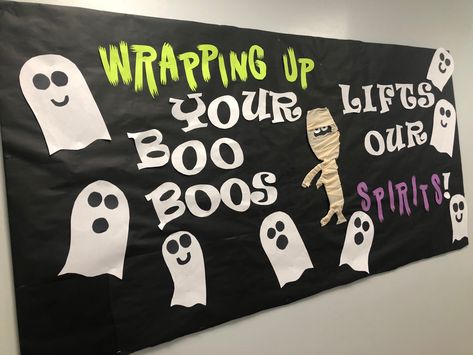 Halloween Decorations For Doctors Office, Nursing Halloween Decor, Halloween Nurse Bulletin Boards, Nurses Station Halloween Decor, School Nurse Halloween Door, Nurse Halloween Decorations, Medical Office Halloween Decorations, School Nurse Door Decoration Ideas, School Nurse Bulletin Board Elementary