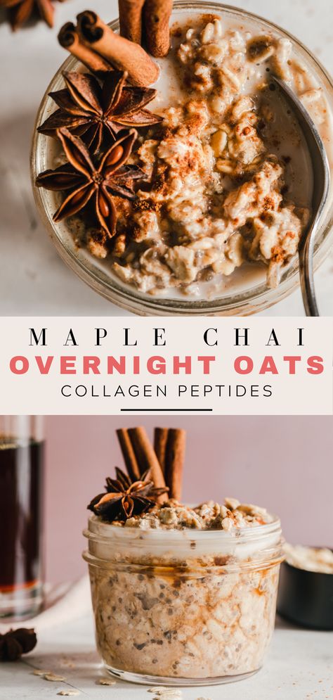 Fall Inspired Overnight Oats, Overnight Oats Collagen Peptides, Overnight Oats Recipe Dairy Free, Collagen Overnight Oats, Winter Overnight Oats, Collagen Oatmeal, Fall Overnight Oats, Overnight Oats Dairy Free, Healthy Winter Breakfast