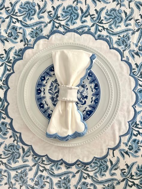 Scalloped Tablecloth, Scalloped Napkins, White Napkins, Kitchen Inspo, Napkin Ring, White Table, White Decor, Printed Linen, Something Blue