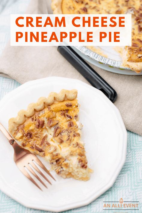 Cream Cheese Pineapple Pie has a layer of crushed pineapple topped with a cream cheese mixture and sprinkled with chopped pecans.#CreamCheesePineapplePie #PineapplePie #BestPieRecipe Pineapple Pecan Pie, Pineapple Cream Cheese Pie, Pineapple Cream Pie, Pineapple Cream Cheese, Pineapple Pie, Baked Pineapple, Cream Cheese Pie, Baked Goods Desserts, Cheese Pie