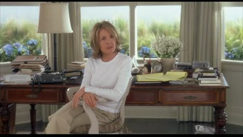 Love this shot ~  those beautiful blue hydrangeas in the background, her desk, her chair... Something's Gotta Give House, Nancy Meyers Movies, Nancy Myers, House In The Hamptons, Hamptons Beach House, Styl Hampton, Movie Houses, Annie Hall, Hm Home