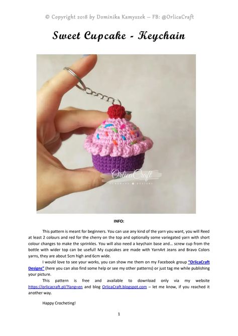 Free Cupcake Crochet Pattern, Crochet Cupcake Keychain Free Pattern, Cupcake Keychain Crochet, Cupcake Crochet Pattern Free, Cupcake Crochet, Cake Crochet, Crochet Cupcake, Sweet Cupcake, Keychain Pattern