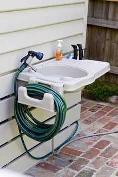 Riverstone RSI-S2 Outdoor Sink Perfect for my backyard! Outdoor Sink Ideas, Outdoor Garden Sink, Outside Sink, Outdoor Sink, Garden Tool Holder, Garden Sink, Garden Hose Reel, Sink Ideas, Water Station