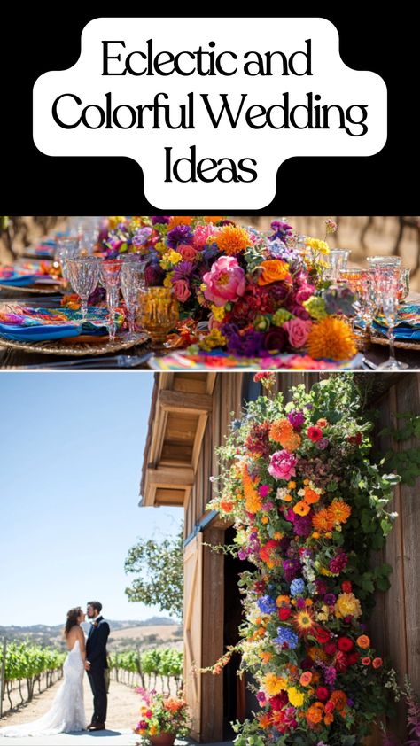 Bride and groom celebrate their colorful wedding at a rustic winery with bold floral decorations and eclectic details in a vineyard setting. Vivid Wedding Color Schemes, Vibrant Wedding Florals, Colorful Wedding Flowers Summer, Multi Color Wedding Theme, Colourful Wedding Decor, Vibrant Color Wedding, Vibrant Wedding Decor, Bright Color Wedding Theme, Unique Wedding Attire